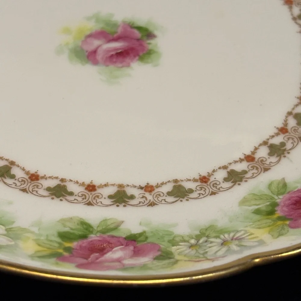 Antique Coronet Limoges France Hand Painted Pink Roses Plate Gold Gilt Scalloped